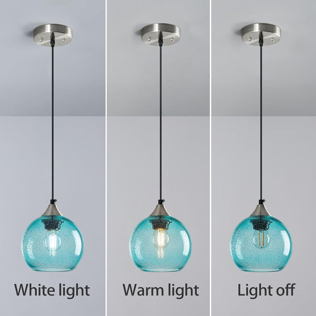 Light Blue Glass Pendant Lights Kitchen Island Globe Pendant Light Fixtures Modern Pendant Lighting for Bedroom Living Dining Room Light Fixture (5.9 in, 2 Pack)