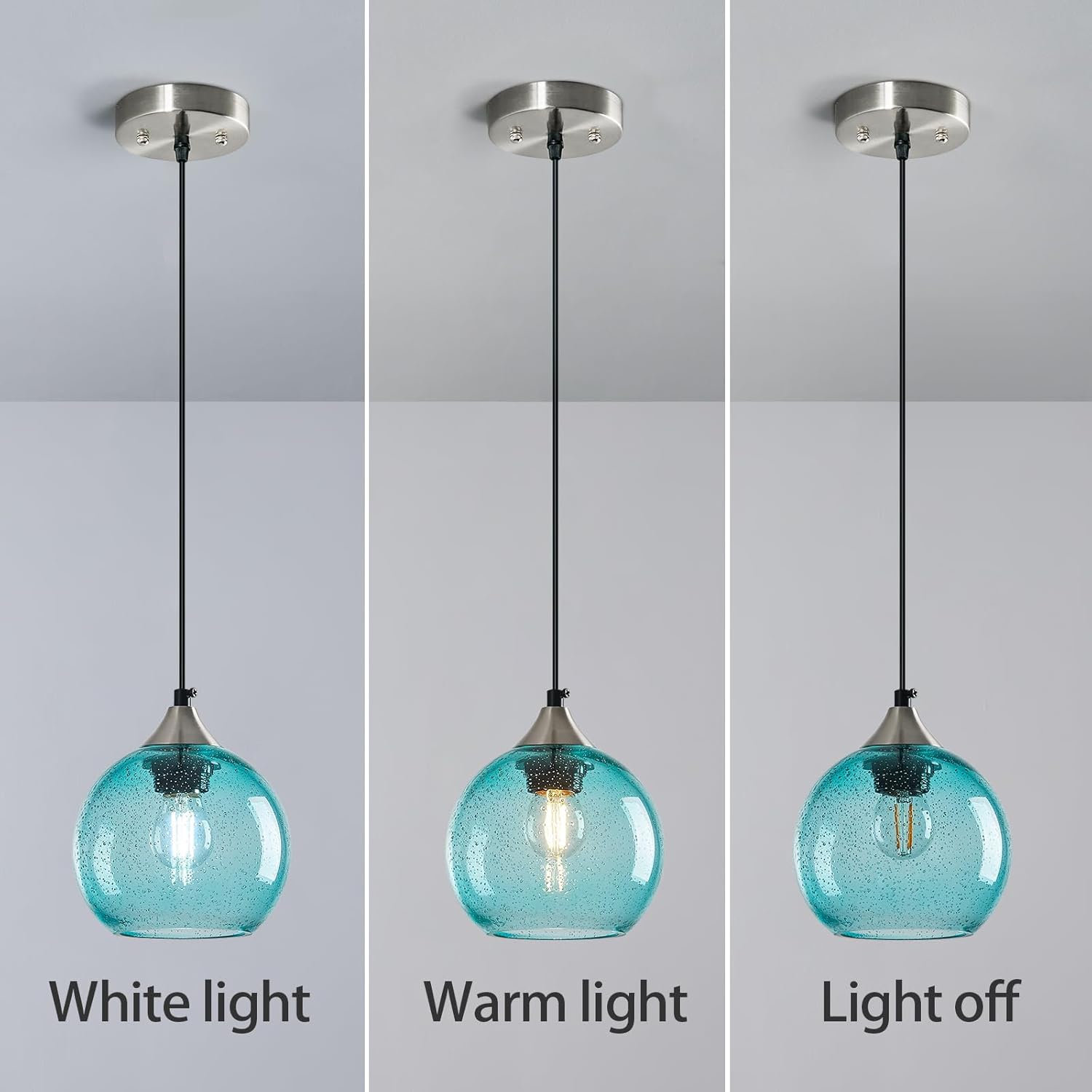 Light Blue Glass Pendant Lights Kitchen Island Globe Pendant Light Fixtures Modern Pendant Lighting for Bedroom Living Dining Room Light Fixture (5.9 in, 1 Pack)