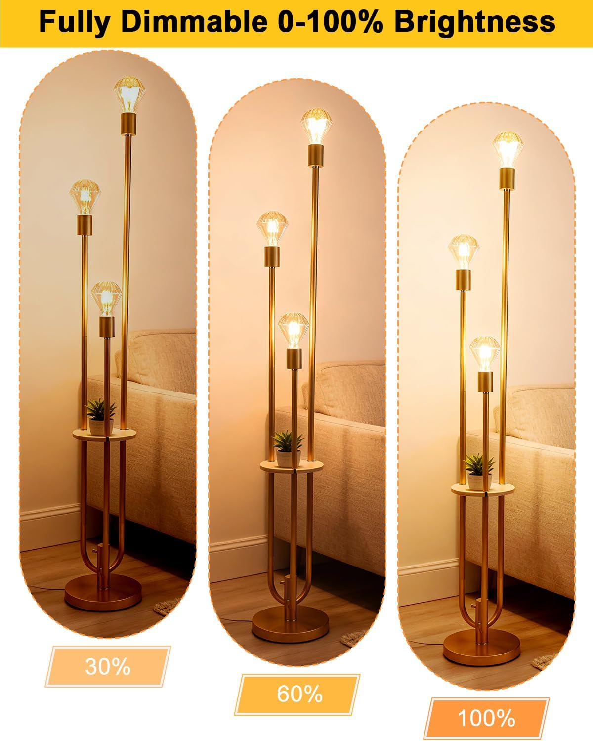 Lightdot Gold Floor Lamp for Living Room, Dimmable Vintage Floor Lamp with Shelf & E26 Base Bulbs, 3 Light 3000K Warmwhite Mid Century Standing Lamp for Reading, Tall Lamp for Bedroom Office