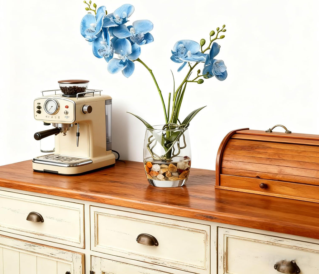 Jusdreen Artificial Blue Orchid in Glass Vase, Realistic Phalaenopsis Arrangement with Potting for Home Office Table Decor, 14.5 Inch Flower Centerpiece