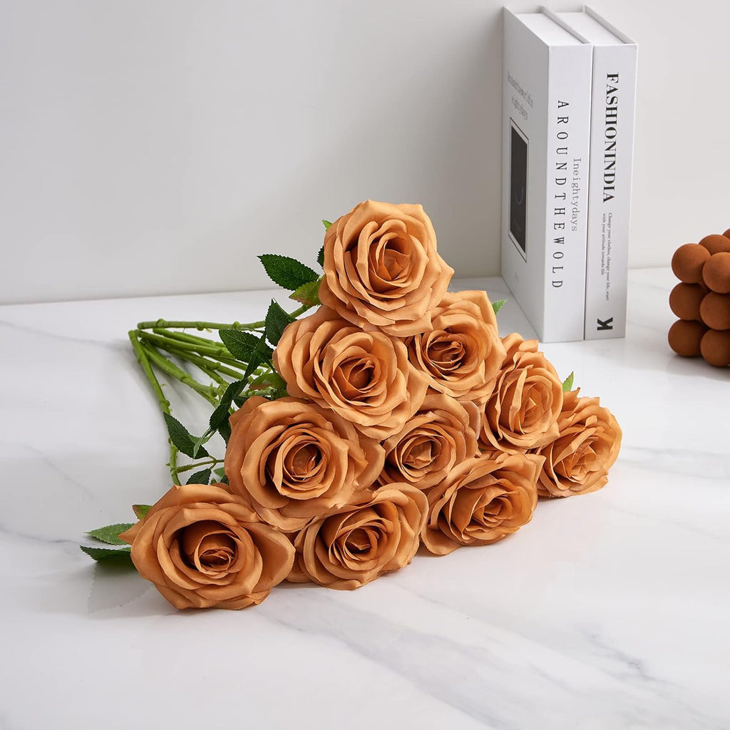 Artificial Rose 10pcs Open Flower Bouquet Faux Rose Stems for Wedding Arrangement, Bridal Bouquet, Centerpiece, Fake Faux Silk Flowers (Orange Terracotta)