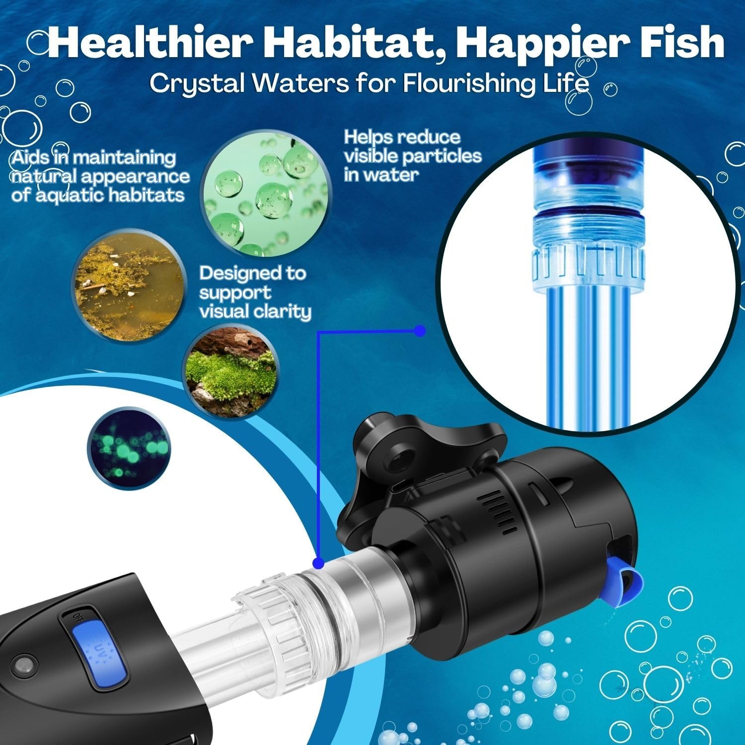 Flexzion Aquarium Filter U-V, 100 Gallon Fish Tank Filter with U-V Light for Green Control Cleaning, 200GPH Submersible Aquarium Pump for Turtle Tank, Freshwater Crystal Clear & Saltwater