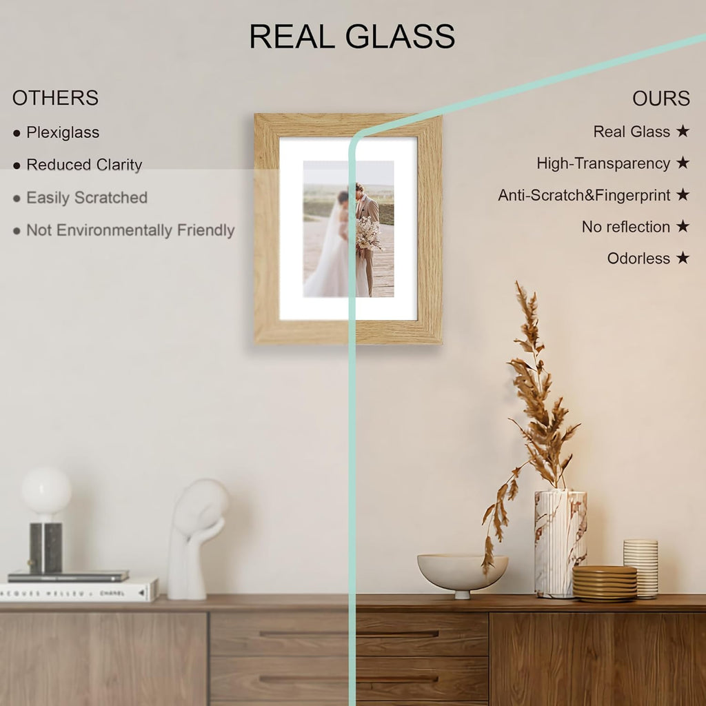 6x8 Picture Frame Set of 4, Made of Real Glass and Natural Oak Frame - Display Picture 4x6 with Mat or 6x8 Without Mat, 6 by 8 Photo for Wall or Tabletop