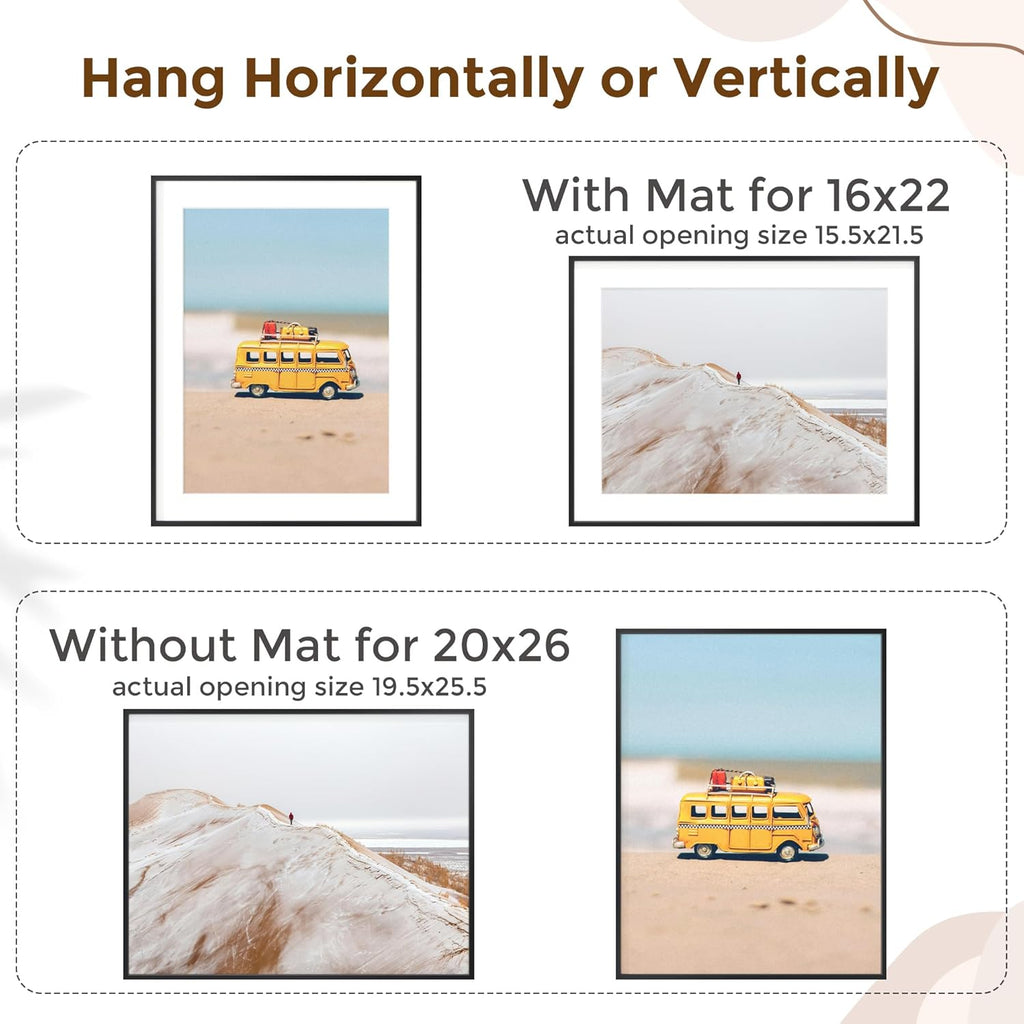 Fun Memories 20x26 Picture Frame, 20 x 26 Metal Poster Frame with Mat for 14x22 Photo - HD Tempered Glass - Vertical and Horizontal Display