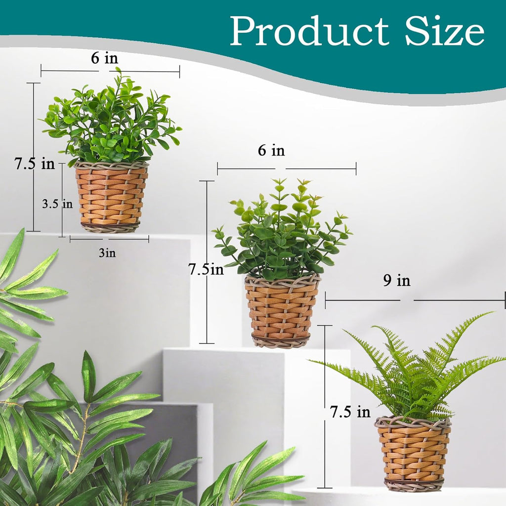 Small Fake Plants, 3 Pack Mini Potted Artificial Fern, Eucalyptus, Aglaia Odorata Plant in Rattan Pots, for Farmhouse, Home Decor, Office, Bathroom, Desk, Indoor & Outdoor