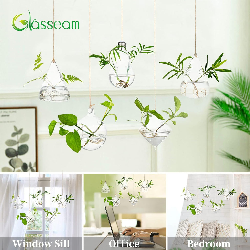 Glasseam Hanging Planters Glass Terrarium: 5Pcs Modern Plant Propagation Stations Hydroponic Wall Vases for Air Plants Flowers Indoor Window Home Decor