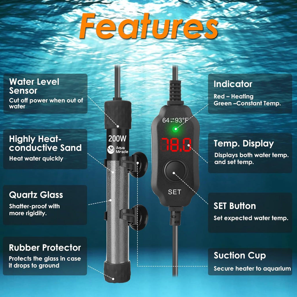 AquaMiralce 200W Aquarium Heater with Compact Size, Submersible Fish Tank Heater with LED Digital Display Thermostat, Adjustable Fish Heater Turtle Heater for 30-40 Gallon Tanks