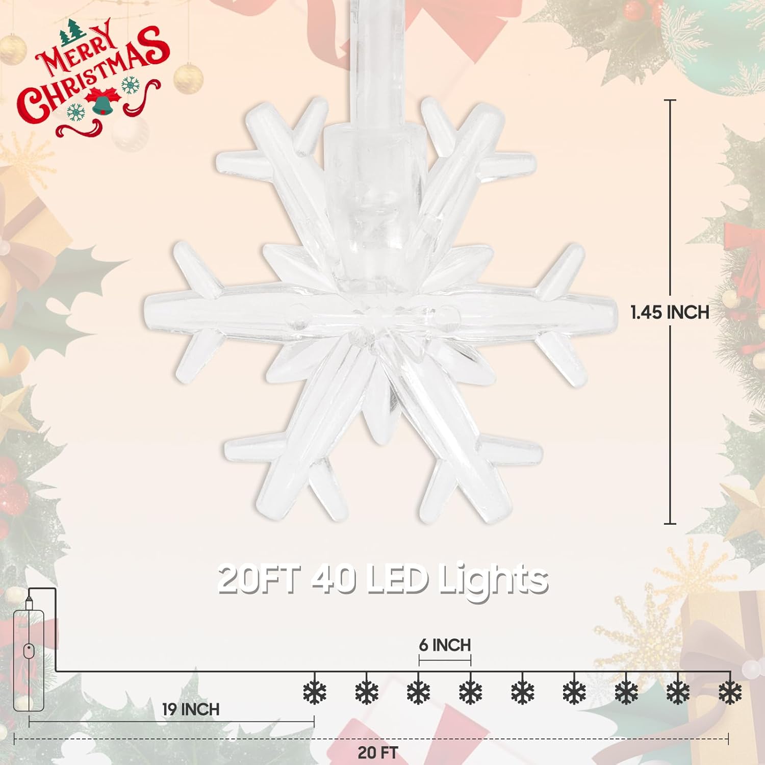 Christmas Lights, 20FT 40 LED Snowflake Fairy Lights Battery Operated Indoor, Rechargeable String Lights, Mini Twinkle Lights with 8 Modes & Timer for Bedroom Party Xmas Tree Decorations Warm White