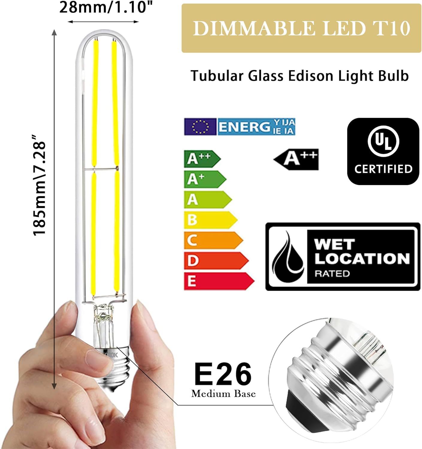 7.3 Inch E26 Led Bulb 6W Dimmable, 6000K Cool White Edison Bulbs 800LM, Equal 80 Watt Tubular T10 T9 Long Clear Glass Light Bulb for Rustic Pendant Industrial Pipe Wall Sconces - 4Pack