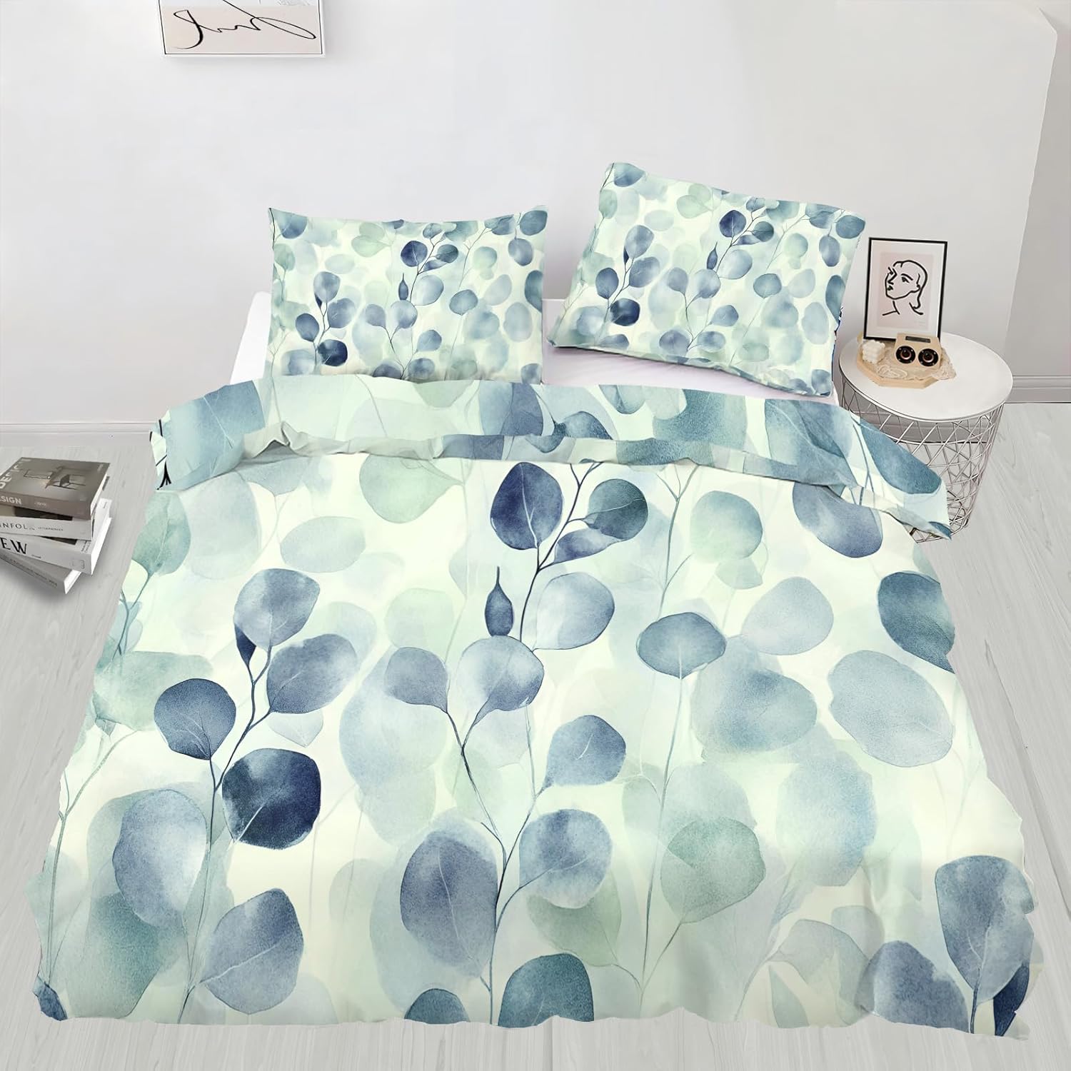 Floral Duvet Cover Queen Size, Rustic Leaves Bedding Set 3 Piece Bedroom Decor Spring Summer Teal Botanical Comforter Cover with Zipper Ties & 2 Pillowcases