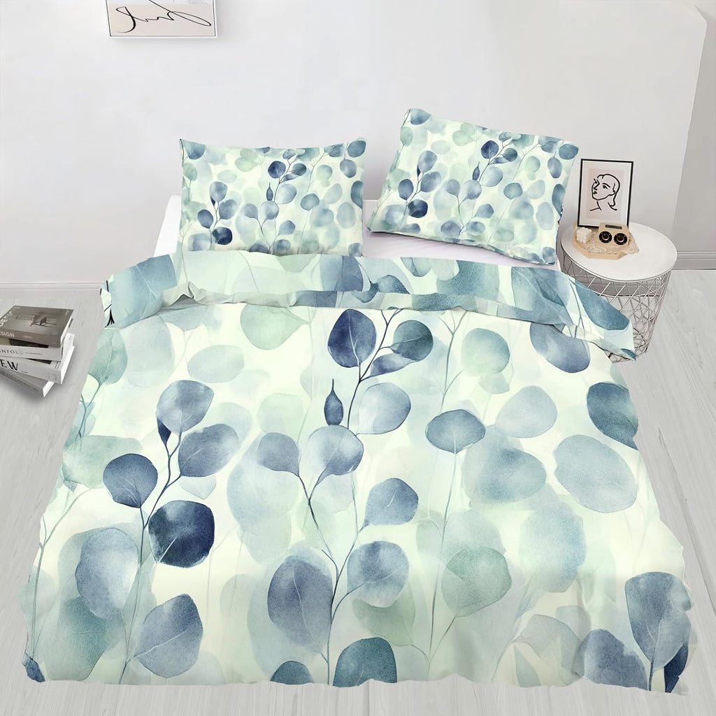 Floral Duvet Cover Twin Size, Rustic Leaves Bedding Set 2 Piece Kids and Adults Spring Summer Teal Botanical Comforter Cover with Zipper Ties & 1 Pillowcases