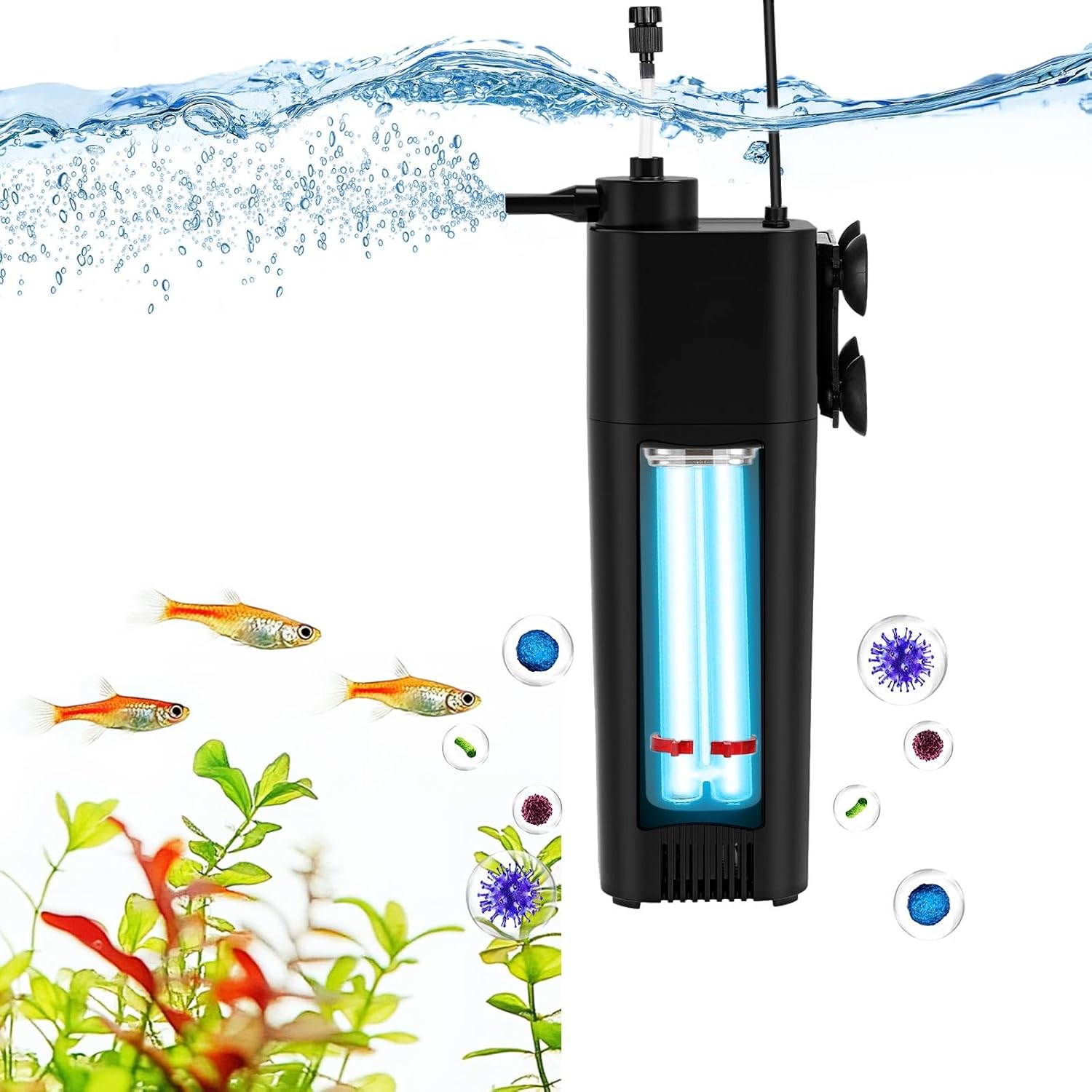 fishkeeper Aquarium Filter U-V for 10-75 Gallon, 132 GPH Fish Tank Filter for Green Water and Algae Clean, Ultra Silent Submersible Pump Filter with Adjustable Bubble Output for Deodorization Killing