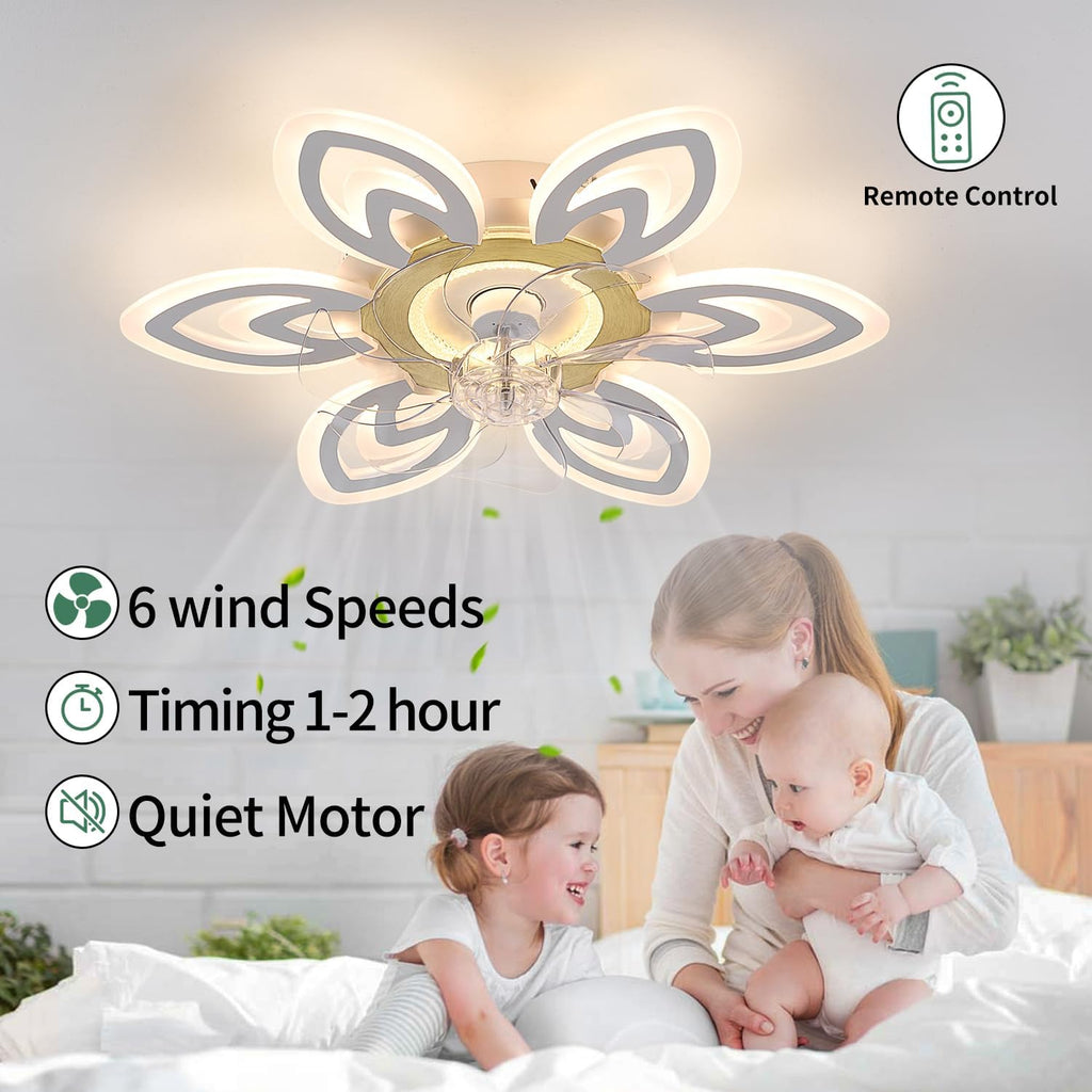 Snowflake Modern Ceiling Fan with Light and Remote, Low Profile Ceiling Fans with remote, 26 Inch Flush Mount Ceiling Fan with 3 Light Color 6 Speeds, Fandelier Ceiling Fan for Kitchen Bedroom-White