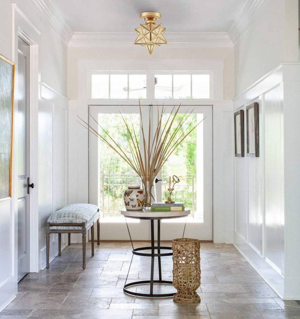 HOLKIRT Brass Modern Moravian Star Ceiling Light Semi-Flush Mount with 8 Inch Seeded Glass