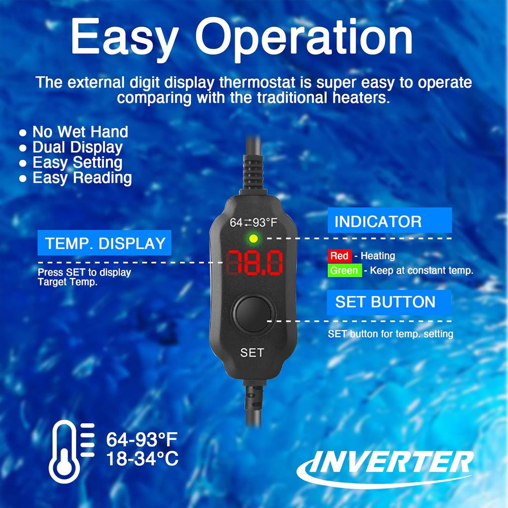 Fish Tank Heater with LED Digital Display Thermostat, Submersible Aquarium Heater with Protective Housing, 25W Adjustable Fish Heater for 3-5 Gallon Tanks