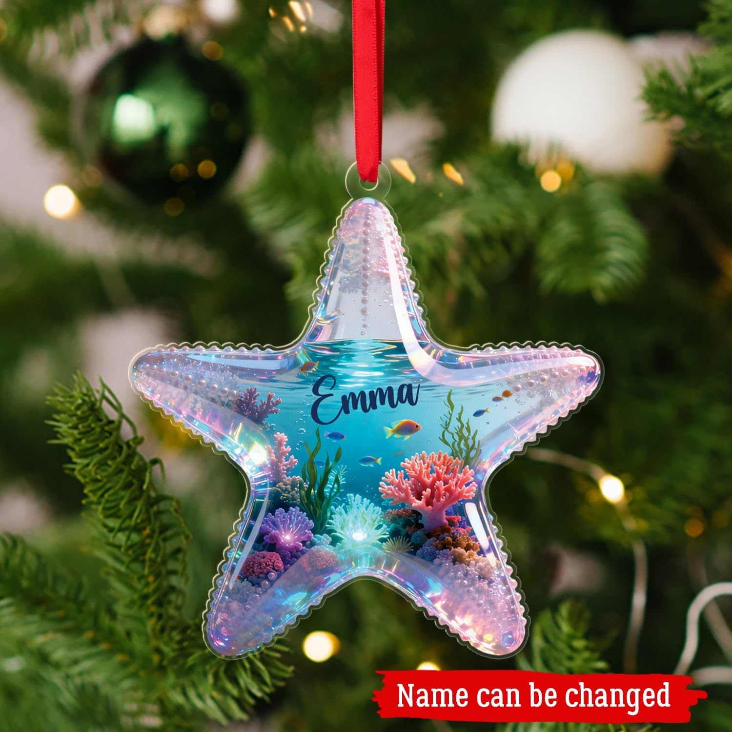 Starfish Xmas Shape Acrylic Ornament Hanging, Personalized Starfish Lover Christmas Ornament 2025 with Name, Starfishes Xmas Decor, Gift for Marine Biologist, Custom Name Sea Animal Ornaments
