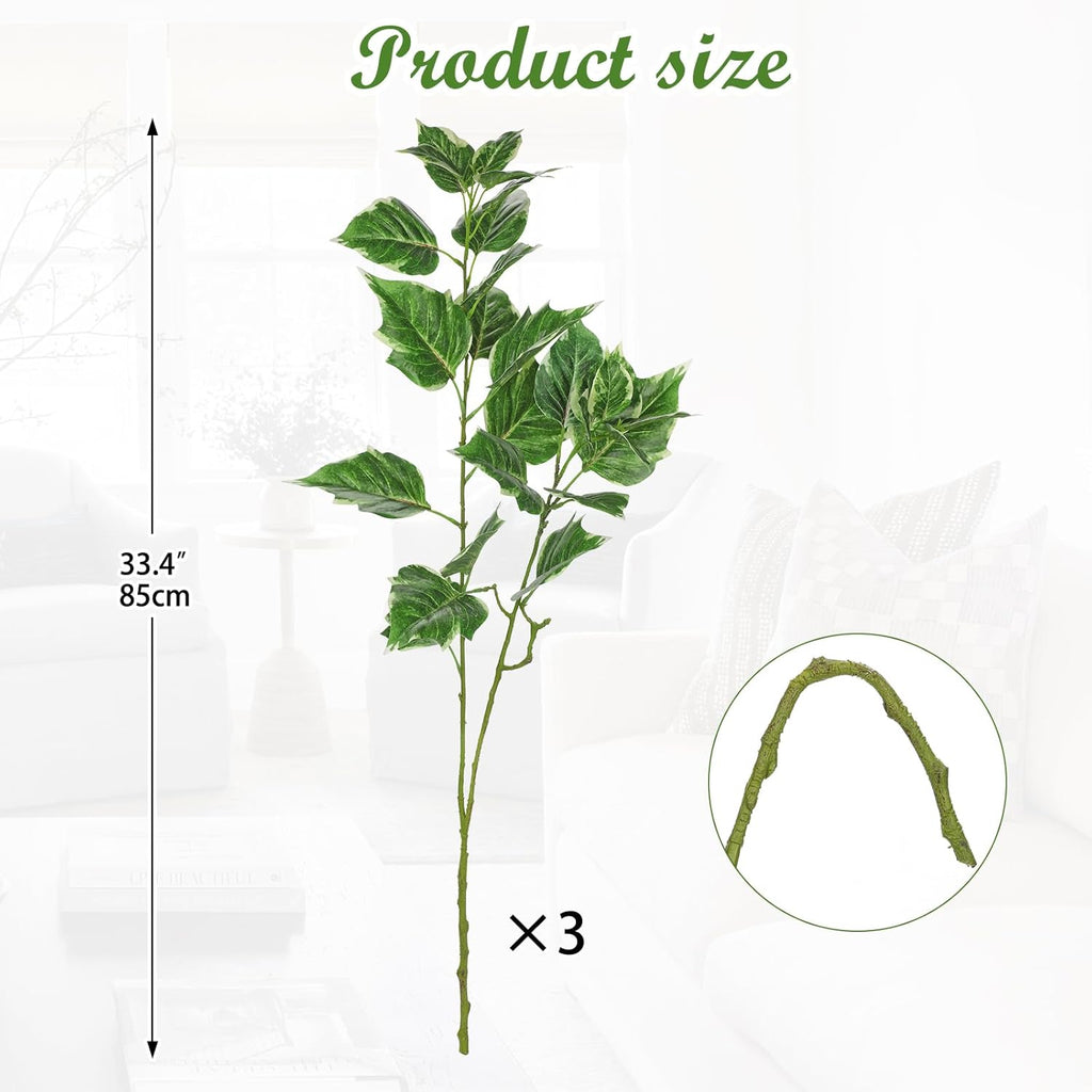 Hollyone 3PCS Artificial Greenery Stems for Vase 33.4 Inch Faux Leaf Branches Long Stems Fake Shrubs Branches Leaves Plants with White-Edged Twig Stems for Vase Garden Office Wedding Home Decor
