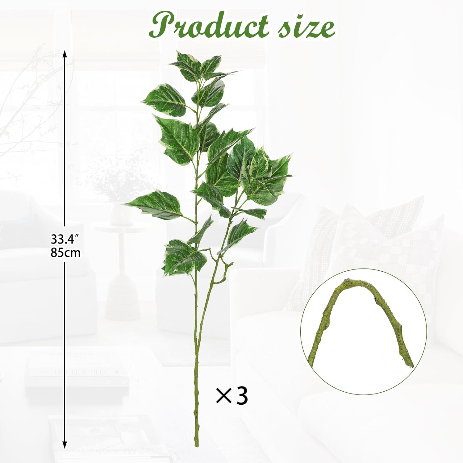 Hollyone 3PCS Artificial Greenery Stems for Vase 33.4 Inch Faux Leaf Branches Long Stems Fake Shrubs Branches Leaves Plants with White-Edged Twig Stems for Vase Garden Office Wedding Home Decor