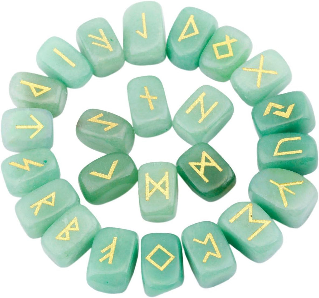 rockcloud Green Aventurine Rune Stones Tumbled Engraved Lettering Crystal Set for Wicca Crystals Healing Chakra Reiki