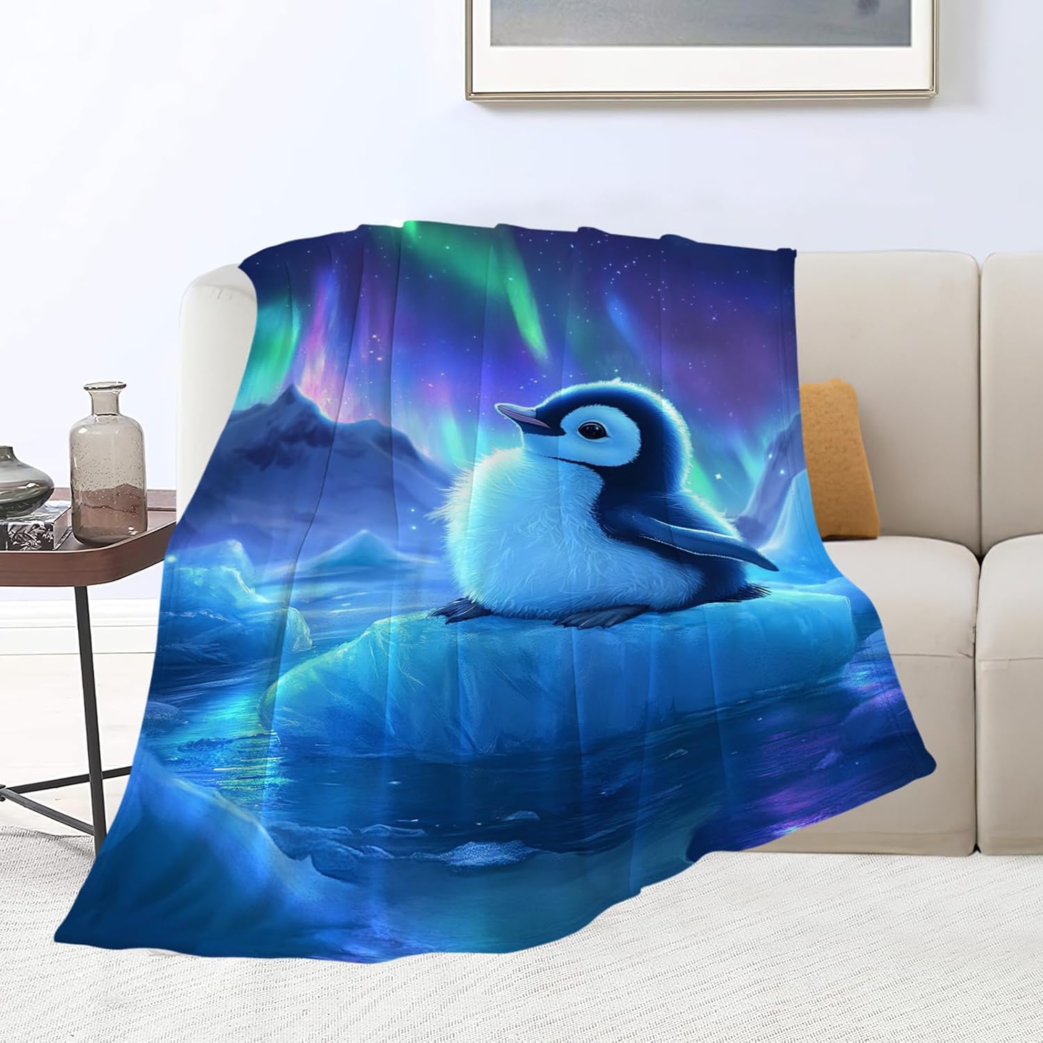 Cute Penguin Blanket Aurora Starry Night Animal Throw Blankets Gifts for Girls Boys Kids Penguin Lover Soft Cozy Fleece Plush for Couch Sofa Bed 50"x40"