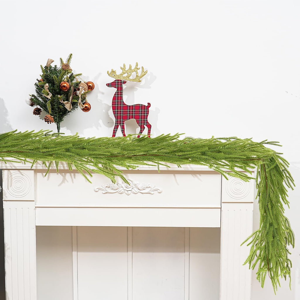 2PCS 6FT Christmas Norfolk Garland Decorations, Faux Pine Garland Outdoor, Artificial Unlit Green Garlands, Christmas Mantel Decoration Indoor, Thick Greenery Xmas Decor in The Winter
