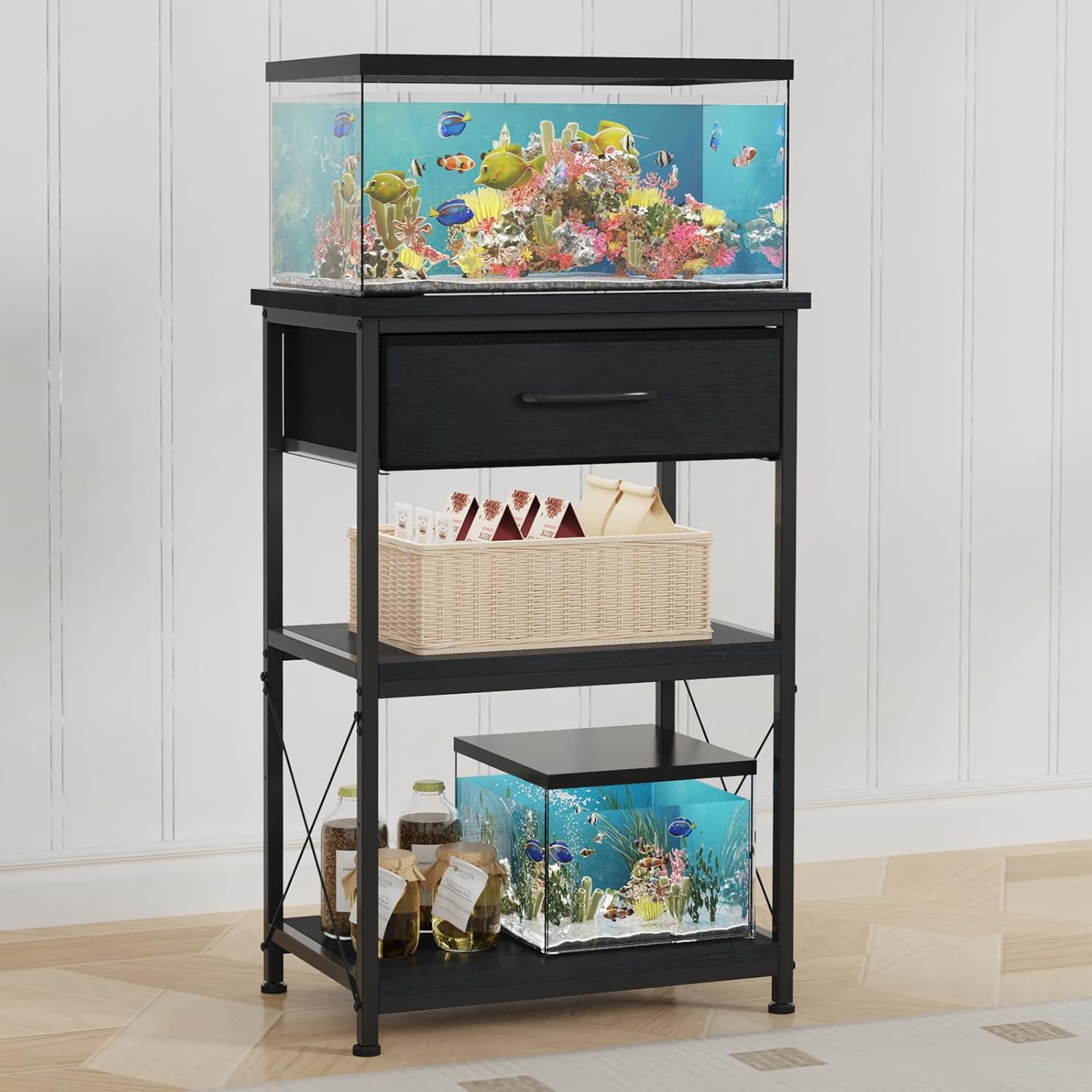 TFK 5-10 Gallon Fish Tank Stand, Height Adjustable Metal Aquarium Stand with Storage Drawers for Fish Tank Accessories Storage, Perfect for Turtle Tank, Reptile Terrarium, Black
