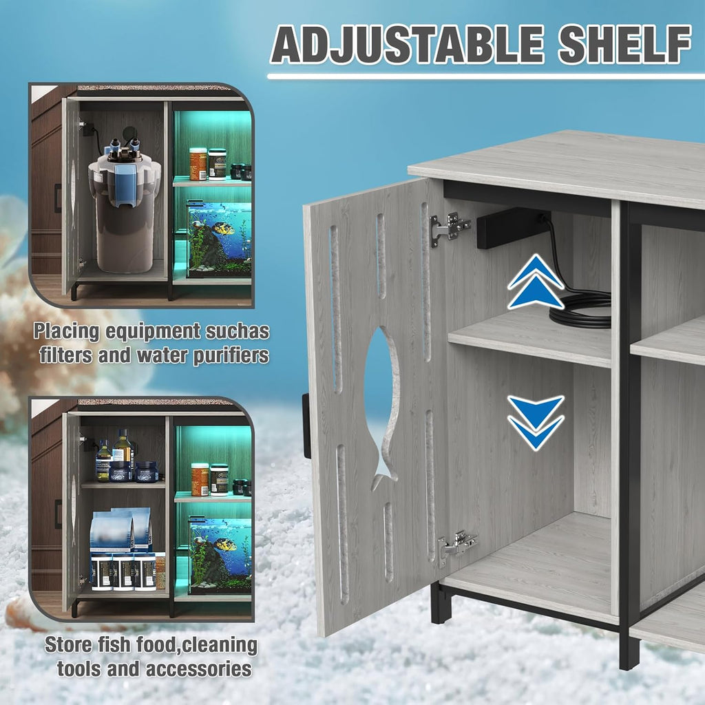 Aquarium Stand 40 Gallon,Fish Tank Stand with Cabinet Storage,Power Outlets & LED Light,Heavy Duty Aquarium Stand for Turtle Tank,Reptile Terrarium,800LBS Capacity,Grey