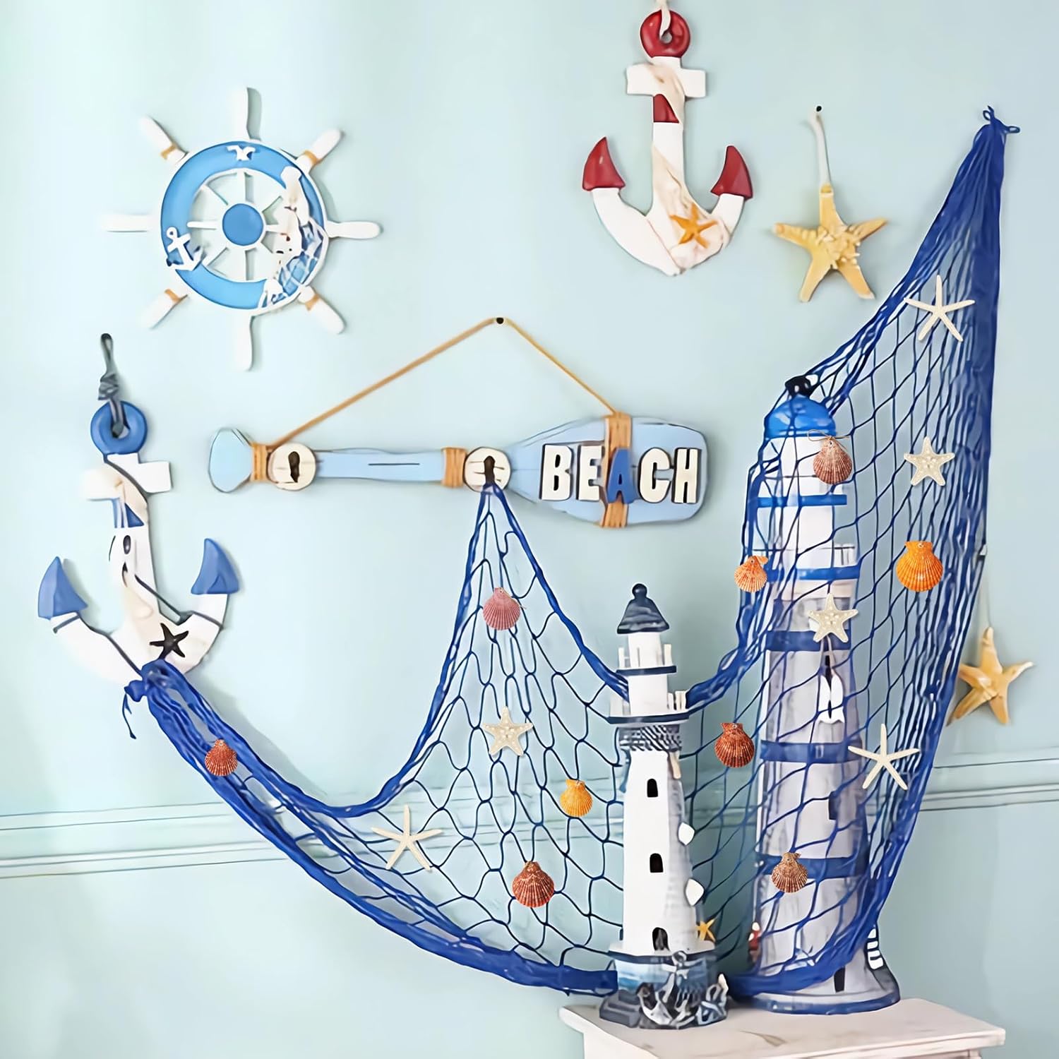 Fangoo 79x39 Inch Nautical Fishing Net Wall Decorations for Under the Sea Party with Shells and Starfish Crafts Bathroom Ceiling Table Decor for Beach Ocean Pirate Wedding Themed Party (blue)