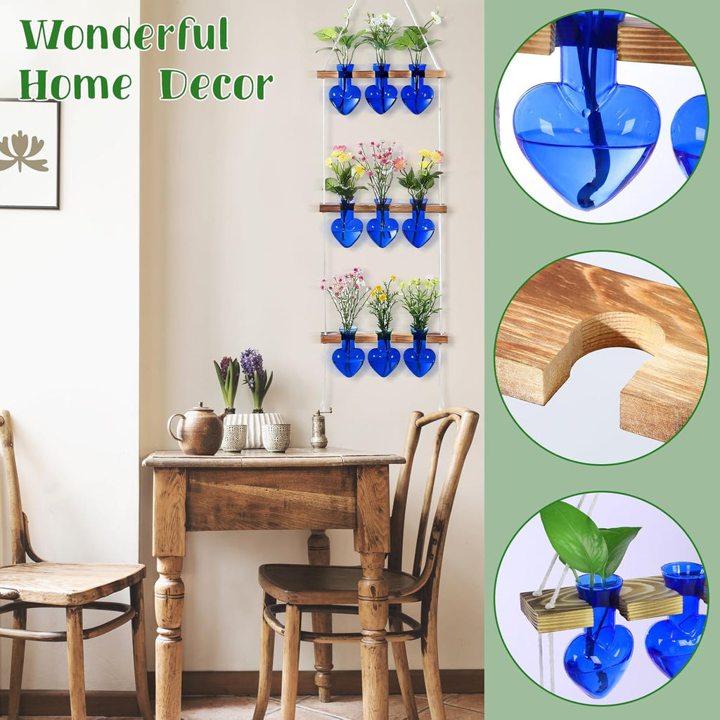 Leinuosen Plant Hanging Propagation Station Wall Hanging Planters Terrarium with 3 Tiered Wooden Stands for Home Garden Decor Hydroponics Plant Lovers Gifts- 9 Glass Vases (Heart Shaped,Blue)
