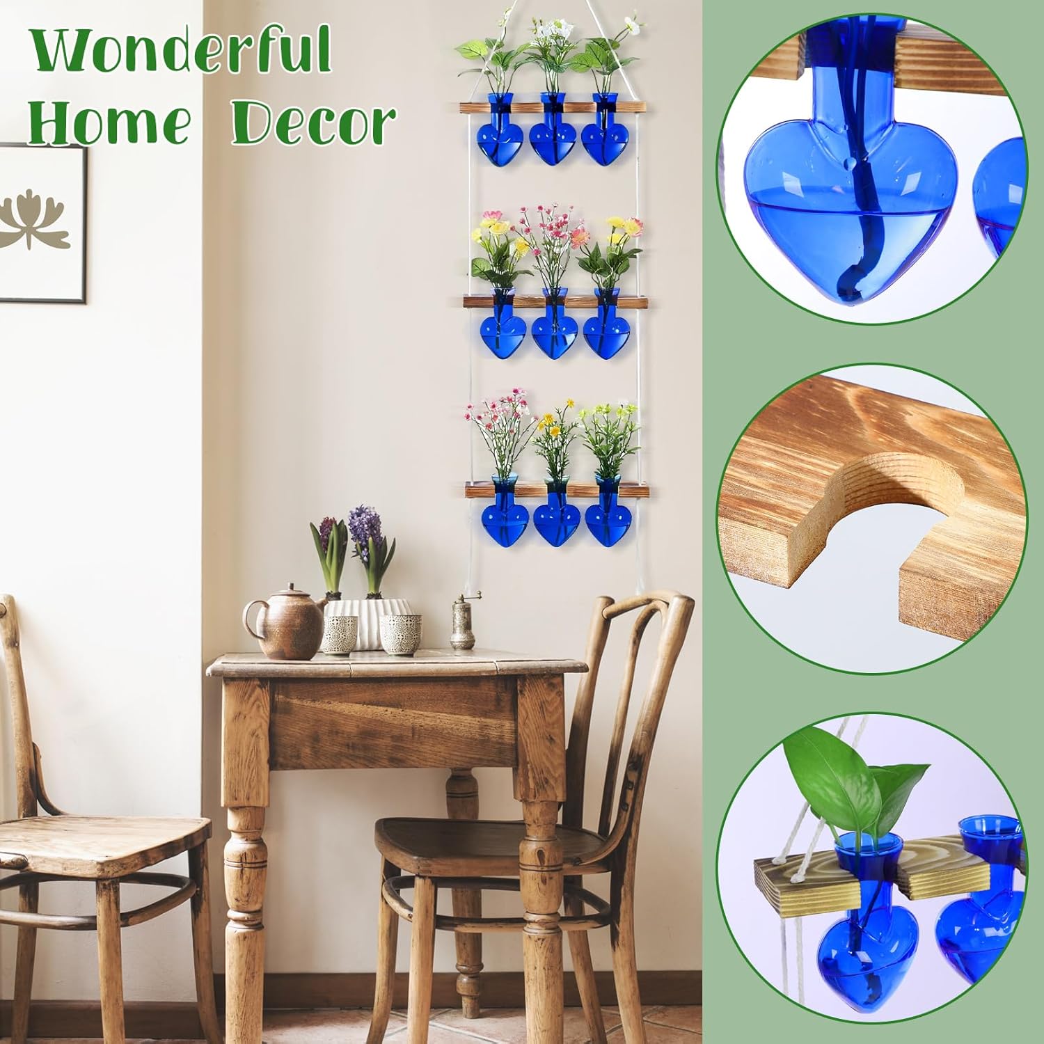 Leinuosen Plant Hanging Propagation Station Wall Hanging Planters Terrarium with 3 Tiered Wooden Stands for Home Garden Decor Hydroponics Plant Lovers Gifts- 9 Glass Vases (Heart Shaped,Blue)