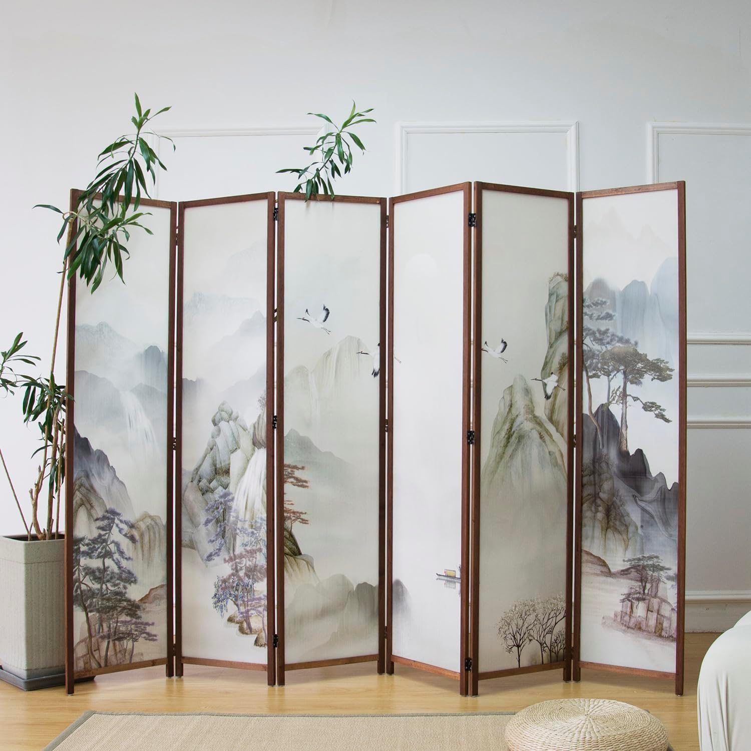 6 Panel Room Divider Screen,Double Faced Room Divider Folding Wall Divider for Room Separation,Mountains and Waters Landscape,67" H x 94.5" W