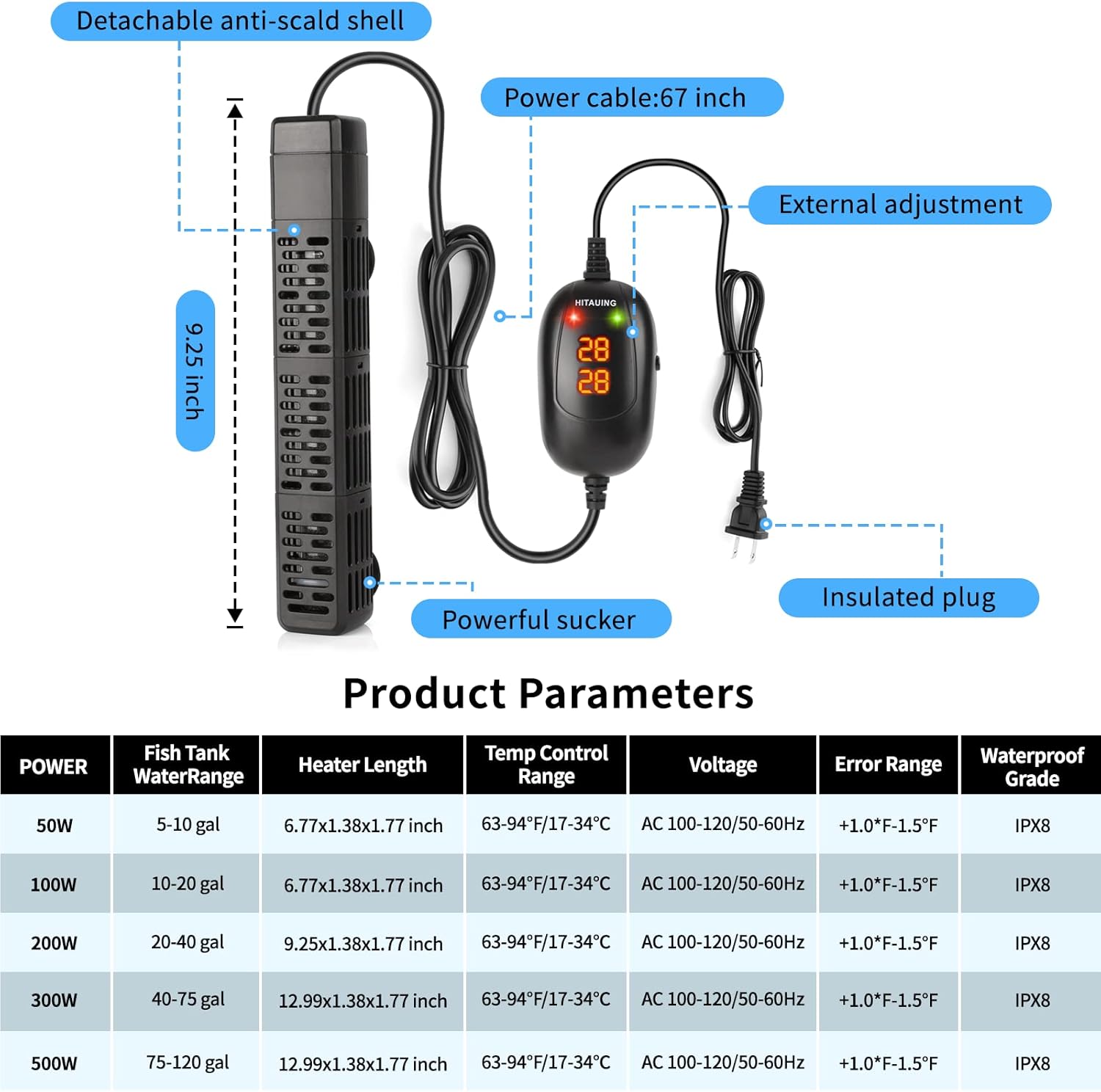 HiTauing Aquarium Heater, 50W/100W/200W/300W/500W Submersible Fish Tank Heater with Over-Temperature Protection and Automatic Power-Off When Leaving Water for Saltwater and Freshwater