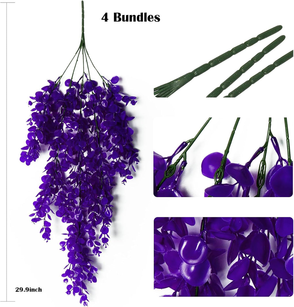 RECUTMS 4 Pack Artificial Plants Hanging Faux Eucalyptus Leaf Greenery Fake Plant for Wall House Room Patio Indoor Outdoor Home Shelf Office Decor (Purple)