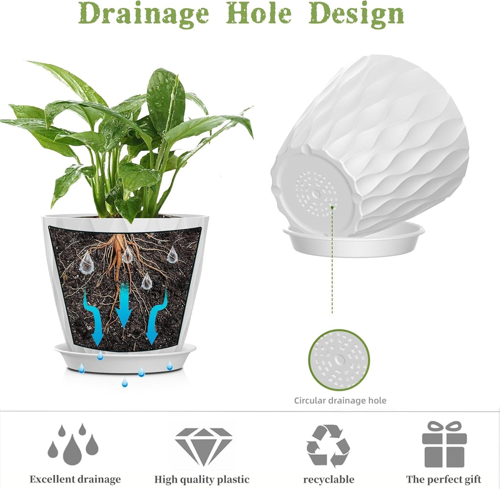 5 Inch Planter Pots, 6 Pack Indoor Planters, Small Flower Pots with Drainage Holes and Tray for Succulents, Orchids, Herbs and Other Indoor Plants (White, 5inch)