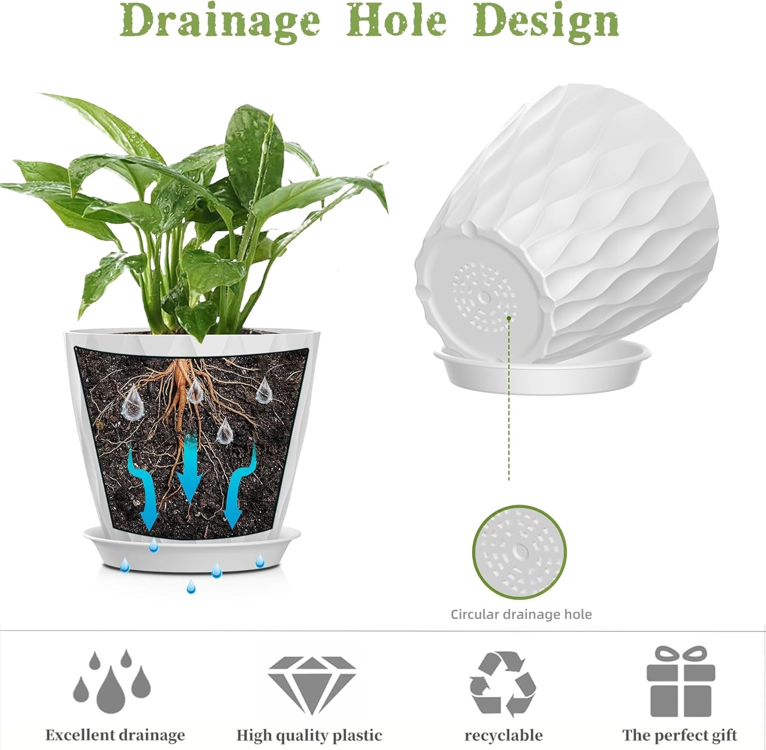 5 Inch Planter Pots, 6 Pack Indoor Planters, Small Flower Pots with Drainage Holes and Tray for Succulents, Orchids, Herbs and Other Indoor Plants (White, 5inch)