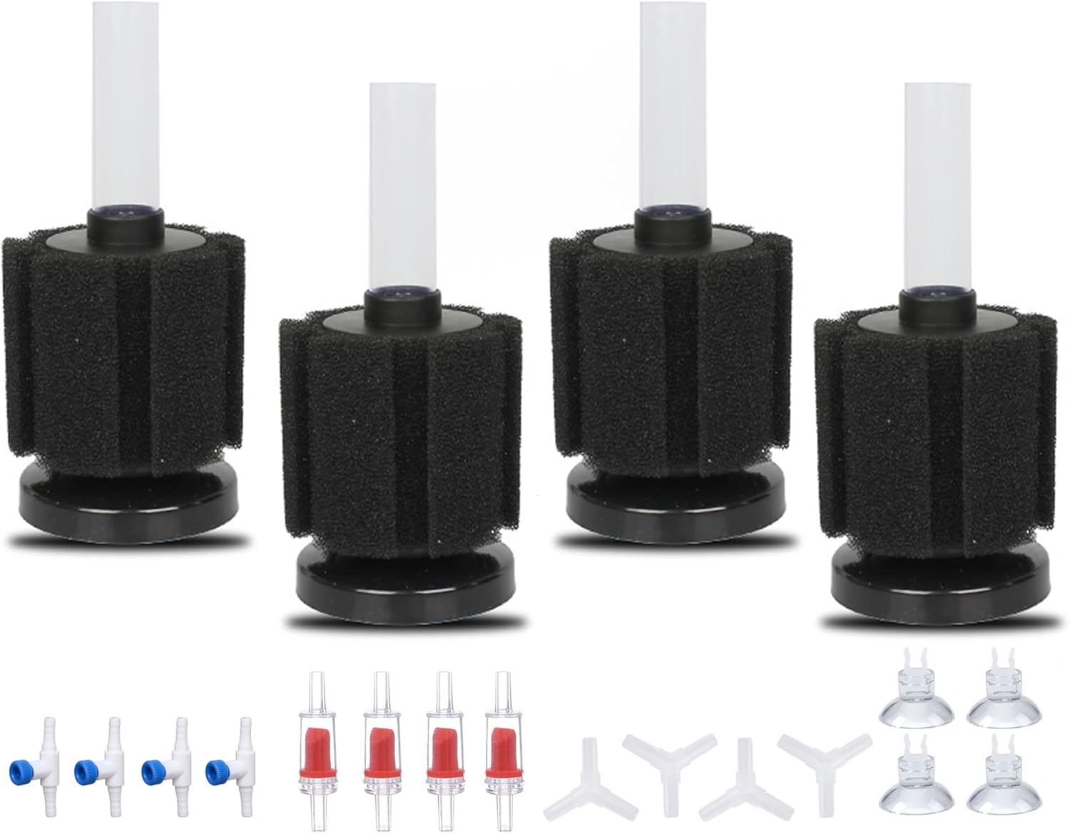 ALEGI 4pcs Large Aquarium Sponge Filter with Suction Cups, Check Valves for Breeding Fry Betta Shrimp Fish Tank (Small up to 10-20Gal 4 Pcs)