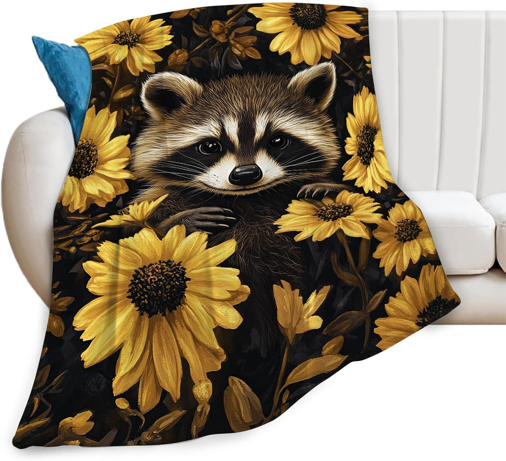 Raccoon Blanket Cute Raccoon Lover Floral Animal Throw Blankets Gifts for Girls Boys Kids Soft Cozy Fleece Plush for Couch Sofa Bed 80"x60"