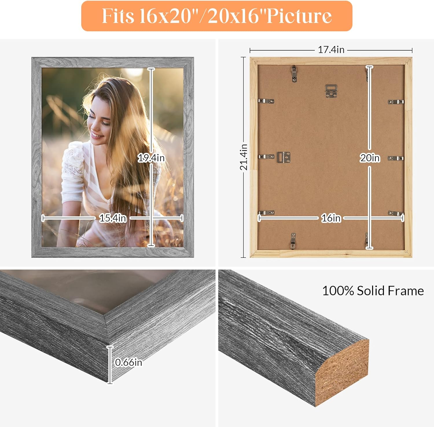 16x20 Wood Frame Grey, Rustic Natural 20x16in Woodgrain Picture Poster Frame, Modern 16 x 20inch Gallery Wall Photo Frame with HD Plexiglass, Horizontal Vertical Wall Mounting Display 1pcs