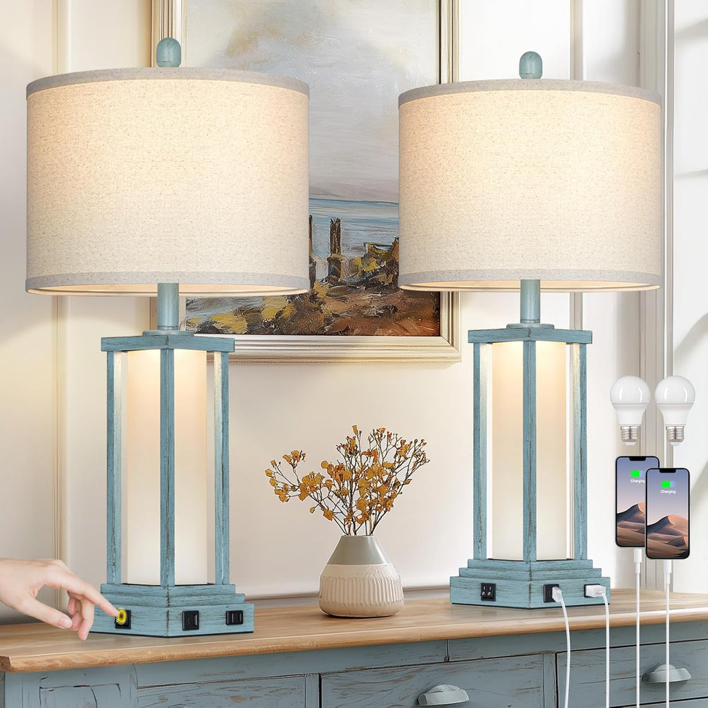 27" Tall Vintage Table Lamp Set of 2 with USB C+A & Outlet,Nightstand Lamp for Living Room,Coastal Bedside Lamps with Frosted Glass Night Light for Bedroom Entryway,Blue
