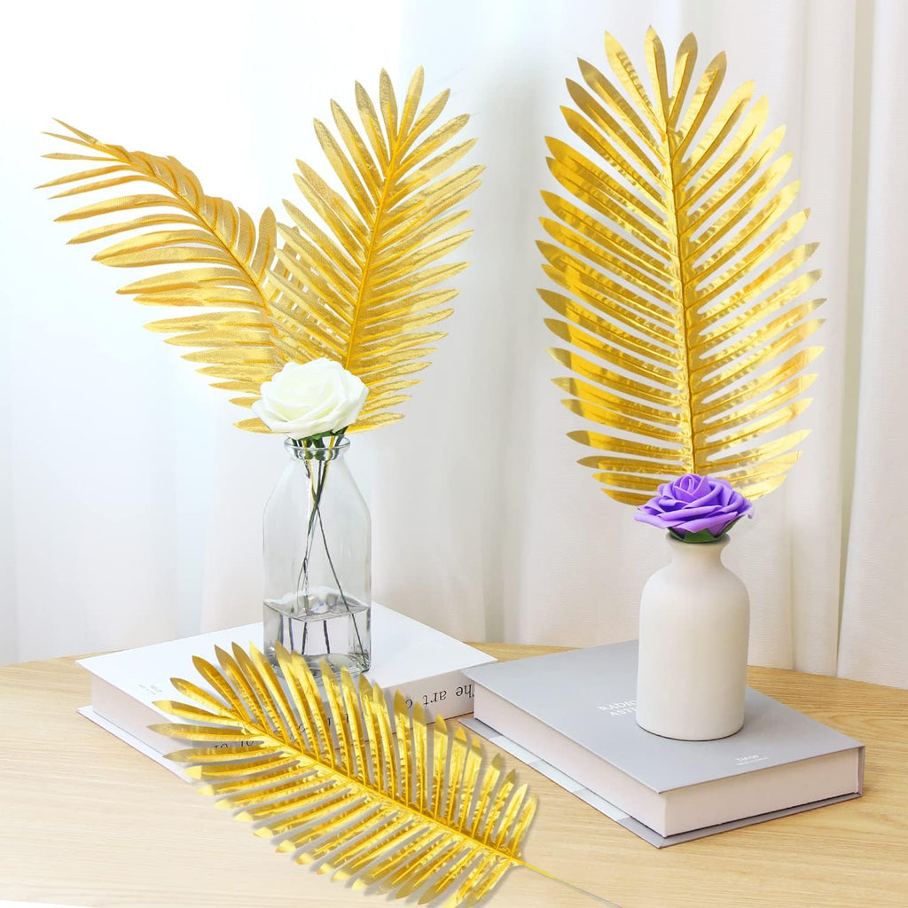CCINEE 12 PCS Golden Artificial Palm Leaves, Assorted Sizes Faux Large Palm Fronds Fake Tropical Plant Simulation Safari Leaves with Stems for Home Hawaiian Luau Party Jungle Beach Theme Party