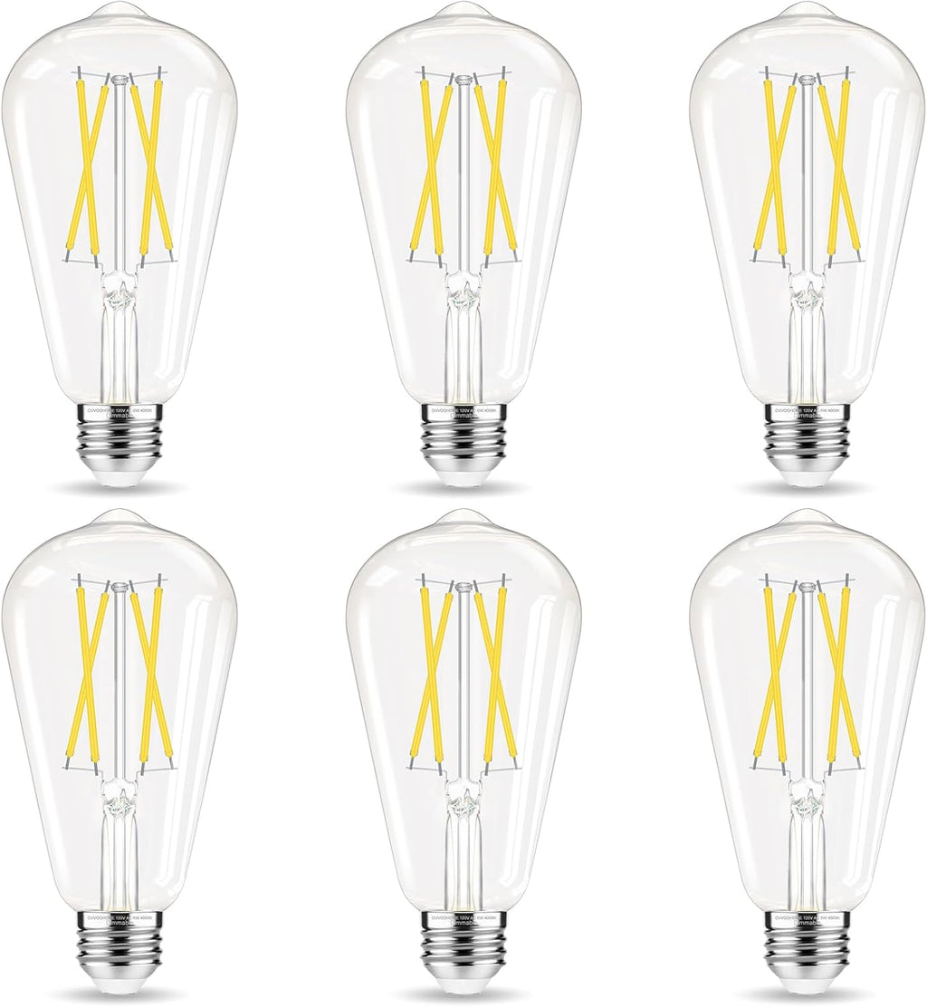 Dimmable LED Edison Bulb, E26 LED Bulb 60 watt Equivalent, Cool White 4000K, ST58 Vintage Light Bulbs, 90+ CRI, 6W 600LM, E26 Base, Clear Glass, 6 Pack