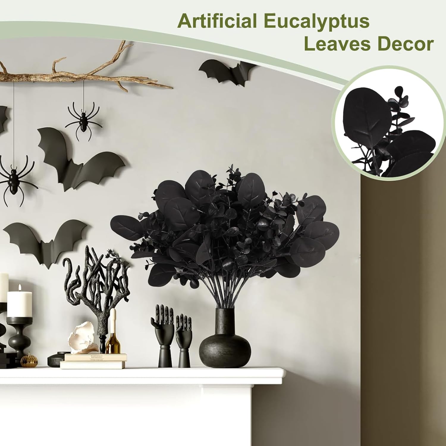40 Pcs Artificial Black Eucalyptus Stems, Fake Eucalyptus Leaves Branches Bouquet for Flower Arrangement DIY, Black Silk Flowers for Home Halloween Farmhouse Decor