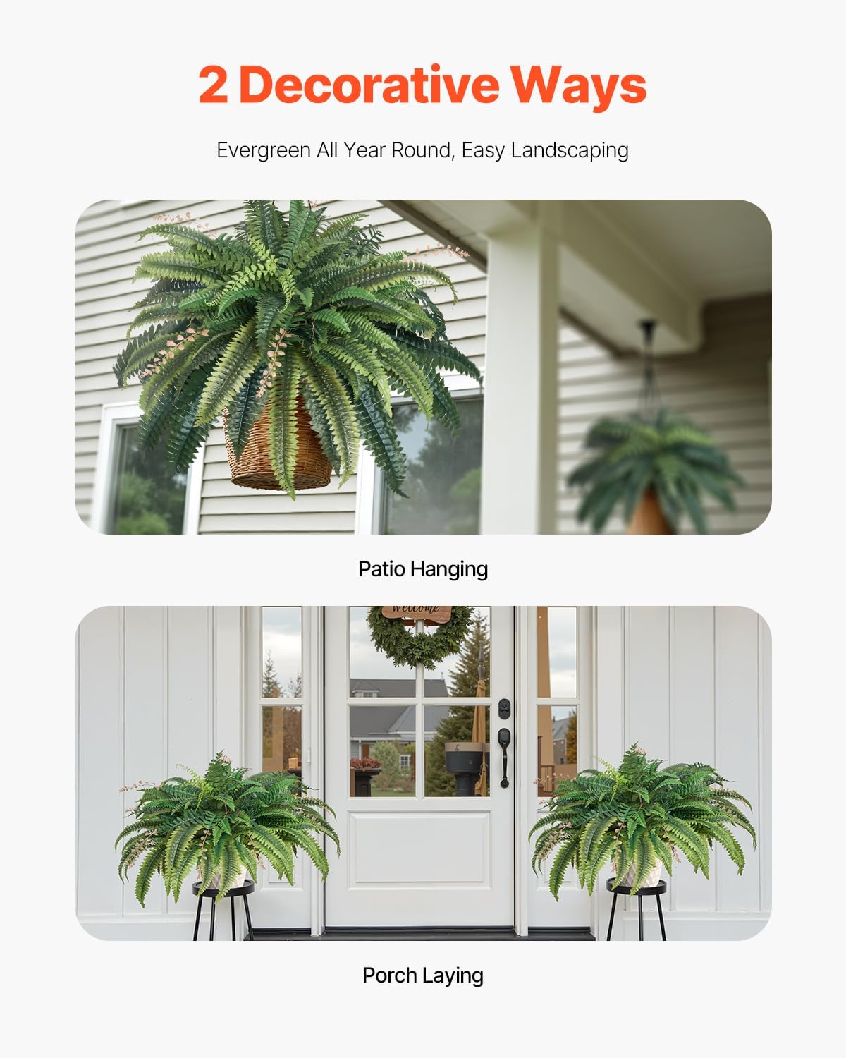 VEVOR Artificial Ferns, Natural Spread Diameter 41 Inch, Large Hanging Fake Boston Ferns, Sunlight Resistant Fake Plant Wall Decor with 80 Branches and Flowerpot, Faux Fern for Home Office Outdoor
