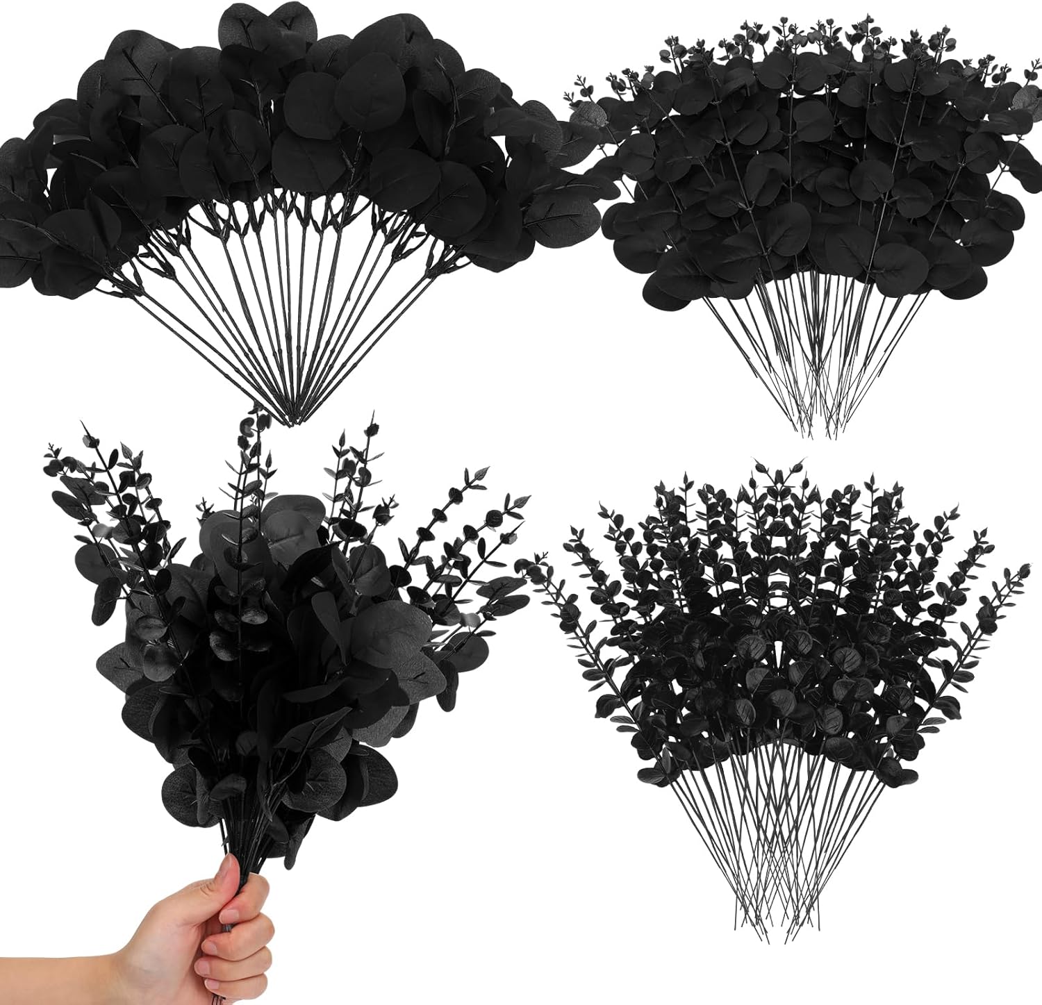 Giegxin 90 Pcs 3 Kinds Mixed Eucalyptus Leaves Stems Bulk Artificial Silver Dollar Leaves Picks Dried Eucalyptus Bundle Faux Spray for Wedding Vase Bouquet Floral Arrangement (Black)