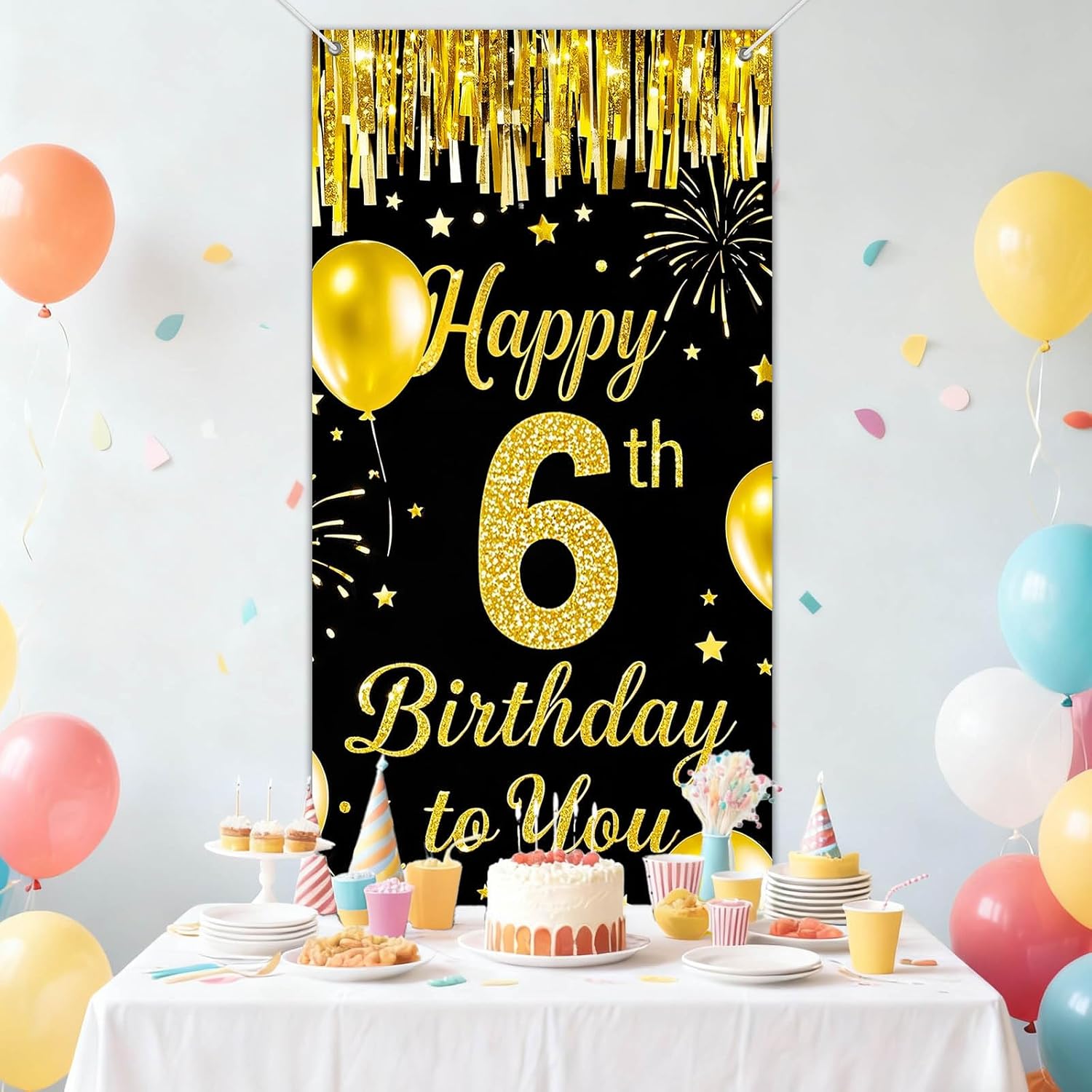 IVN 6th Birthday Door Cover 71x35 Inch Black Gold Birthday Banner for Party Decorations Balloons Stars Fireworks Backdrop Sign for Men Women Photo Booth Prop Wall Decor