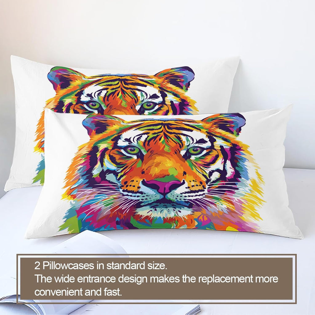 Tiger Duvet Cover Oversized King, Tie Dye Tiger Bedding Set 3 Piece Bedroom Decor Colorful Wildlife Comforter Cover and 2 Pillow Sham with Zipper Closure