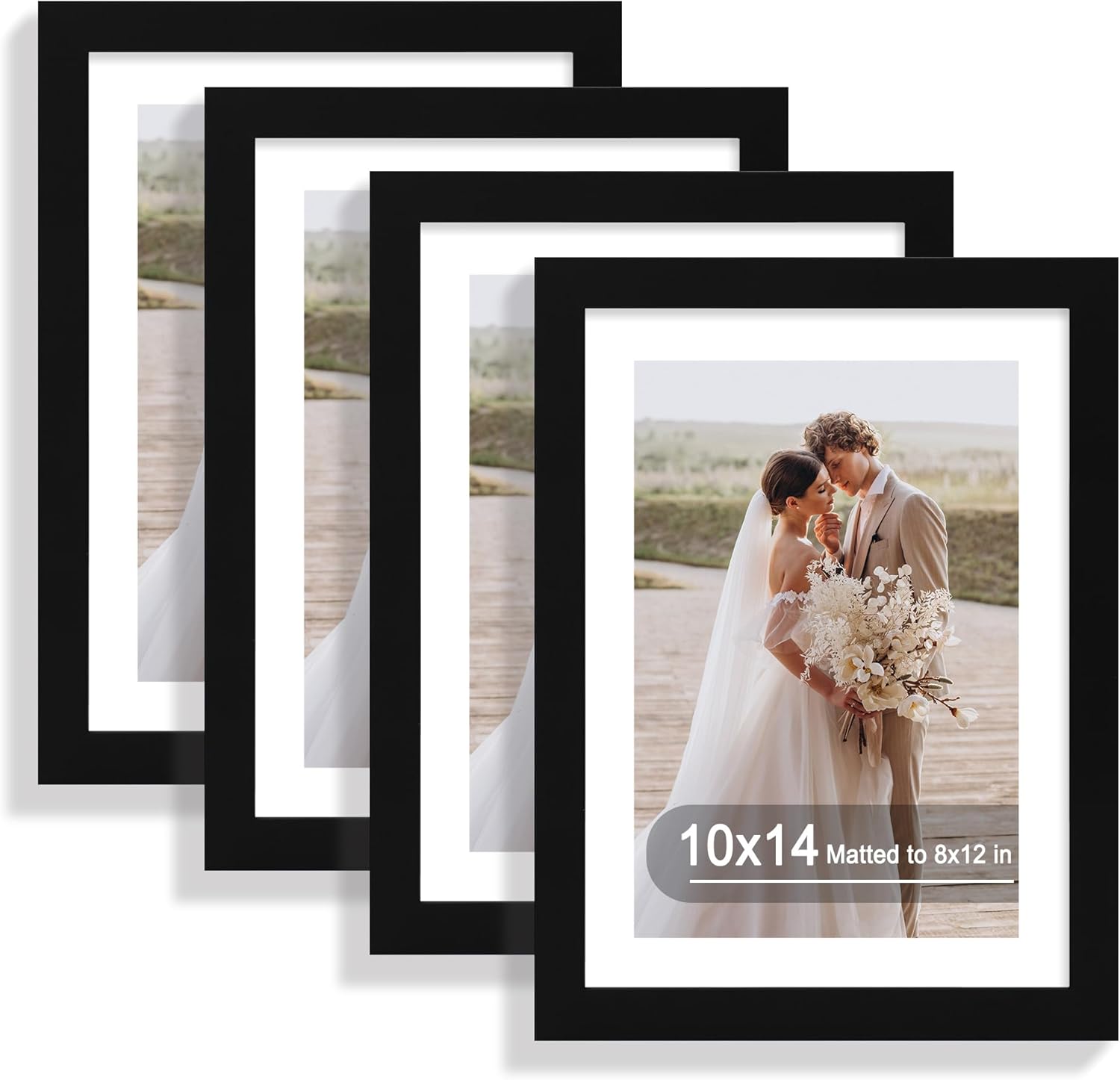 10x14 Picture Frame Set of 4, Made of Glass and Black Wooden Frame, Display 8x12 Pictures with Mat or 30 x 40cm Diamond Painting Art without Mat for Wall Mounting, Gallery Photo Frames