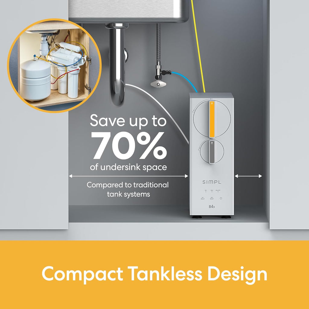 Brio SIMPL Reverse Osmosis Tankless Water Filter System for Clean Drinking Water | 4-Stage Undersink 0.0001 Micron RO Filtration | Reduces PFAS, Dirt, Rust, Chlorine, VOCs & Heavy Metals | 600 GPD