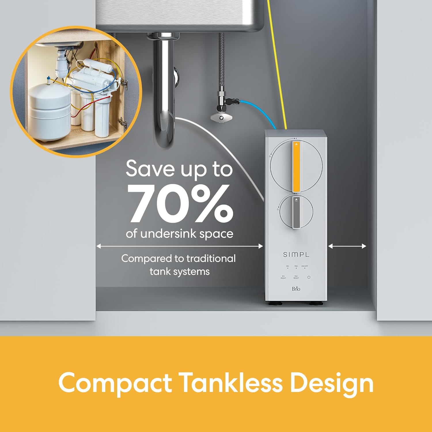 Brio SIMPL Reverse Osmosis Tankless Water Filter System for Clean Drinking Water | 4-Stage Undersink 0.0001 Micron RO Filtration | Reduces PFAS, Dirt, Rust, Chlorine, VOCs & Heavy Metals | 600 GPD