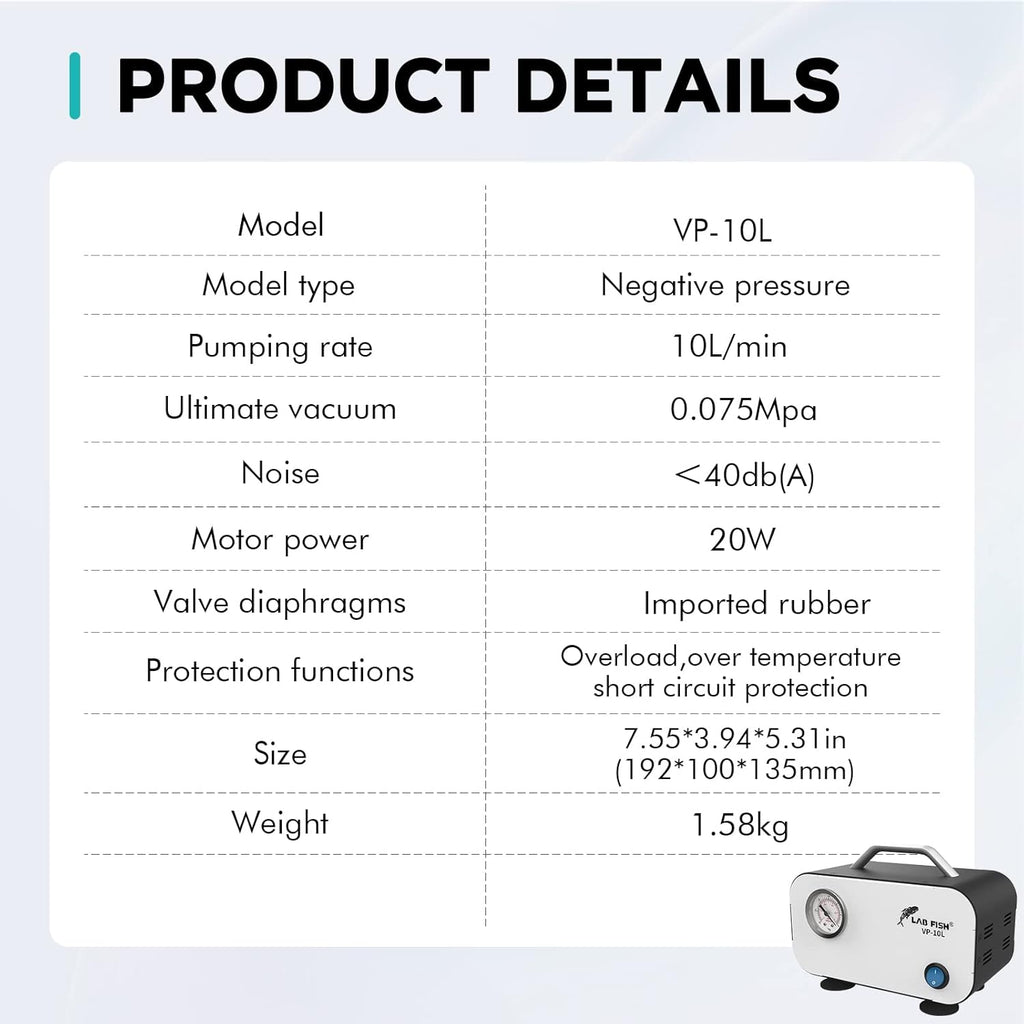 LAB FISH Lab Vacuum Pump 10L/min Portable Oilless Diaphragm Vacuum Filtration & Rubber Tube
